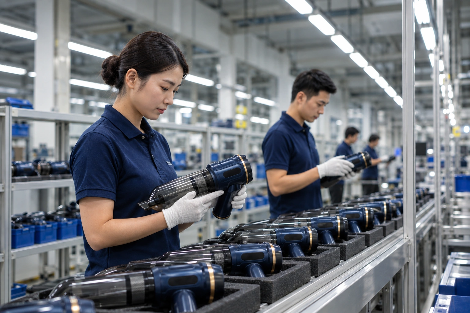 Factory quality control technician inspecting products on a production line in China