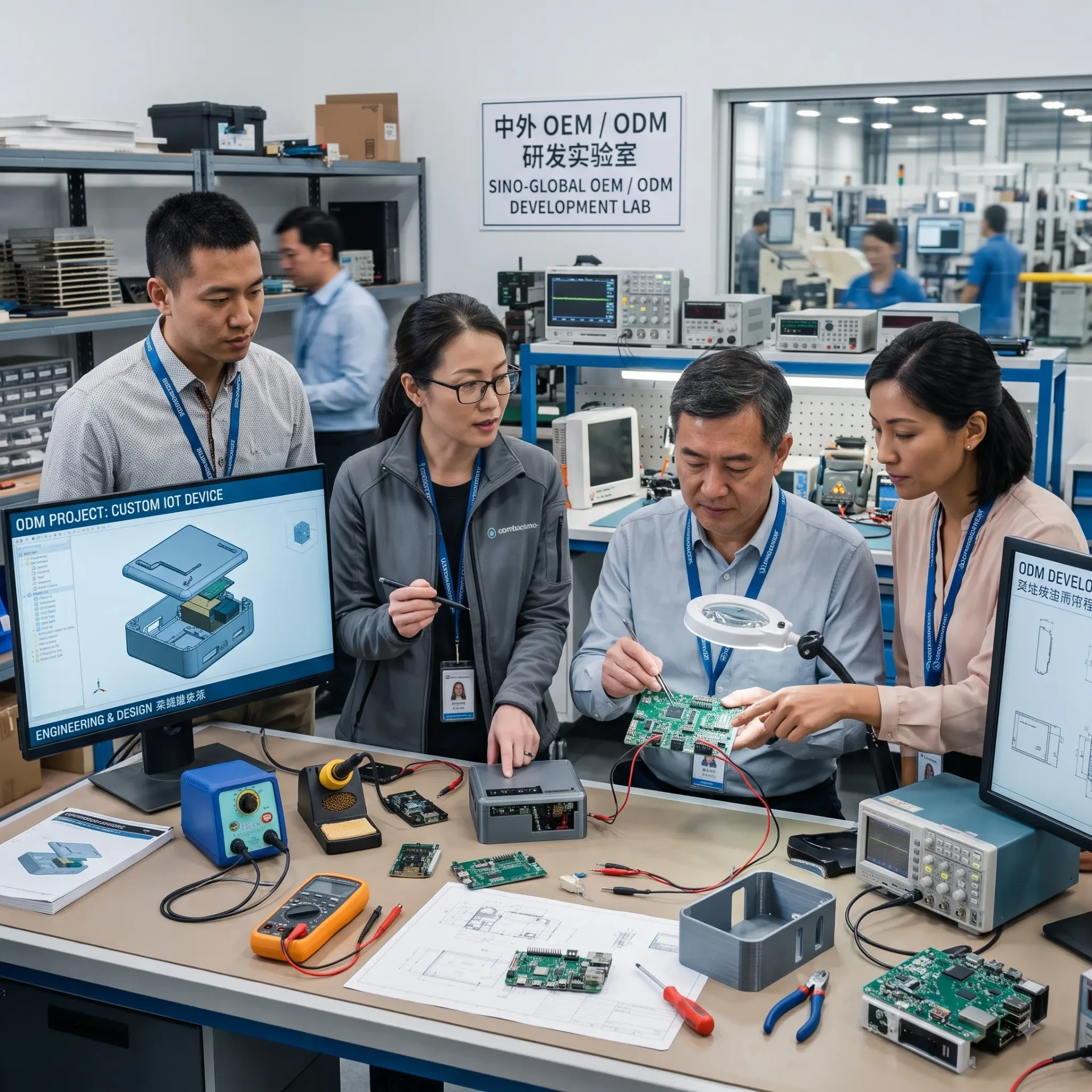 Engineering team collaborating on a circuit board in an OEM / ODM development lab with CAD models and testing equipment