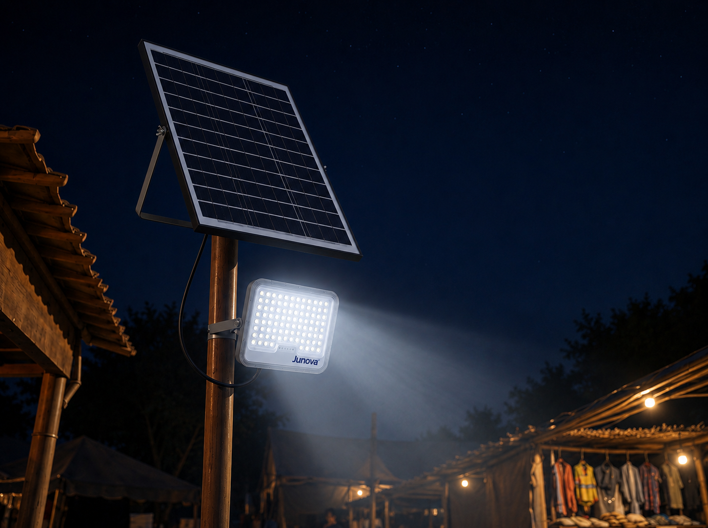 A solar flood light illuminating an off-grid African marketplace at night
